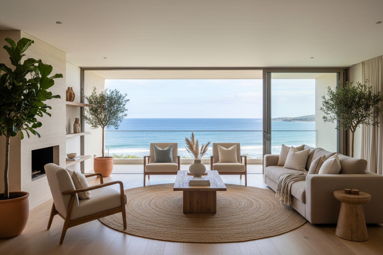 cozy modern living room with natural coloras and an ocean background